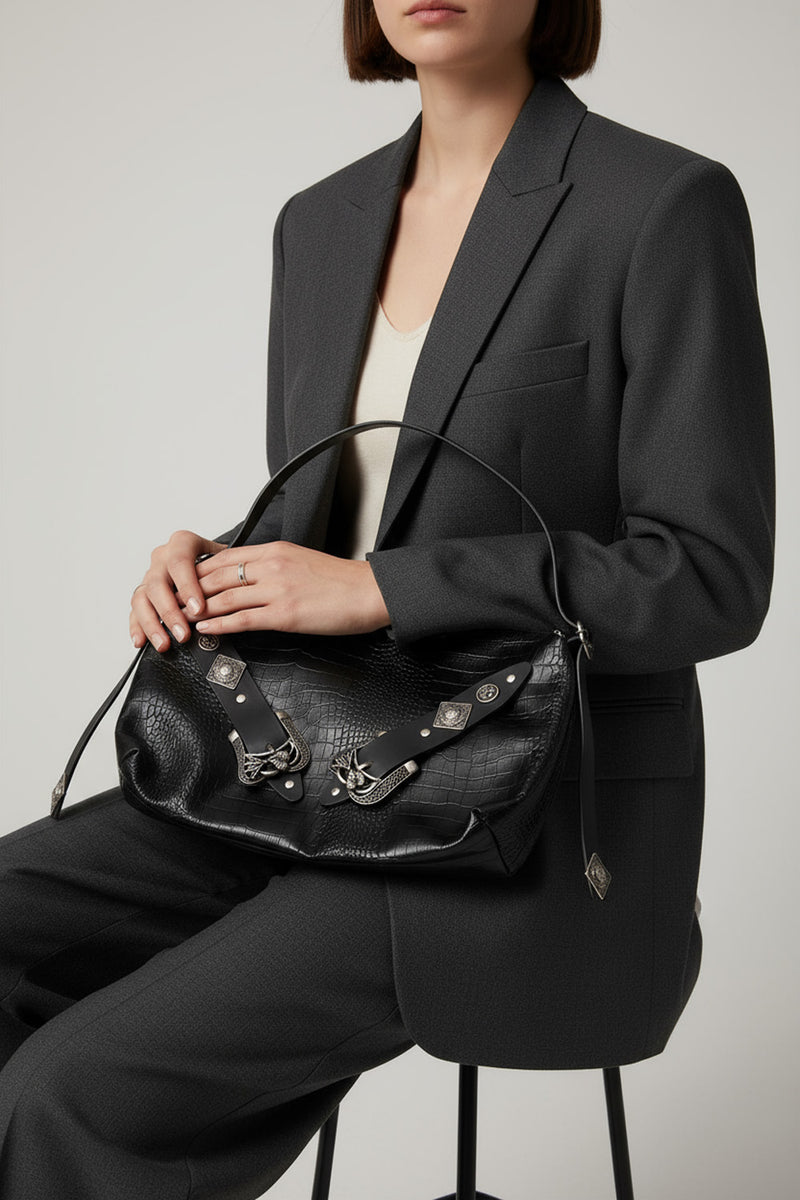 Χειροποίητη μαύρη δερμάτινη τσάντα croco με μεταλλικές πόρπες Lavita – Ellisargi Boutique