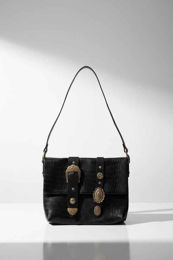 Χειροποίητη δερμάτινη τσάντα ώμου μαύρη croco με μεταλλική πόρπη Lavita – Ellisargi Boutique