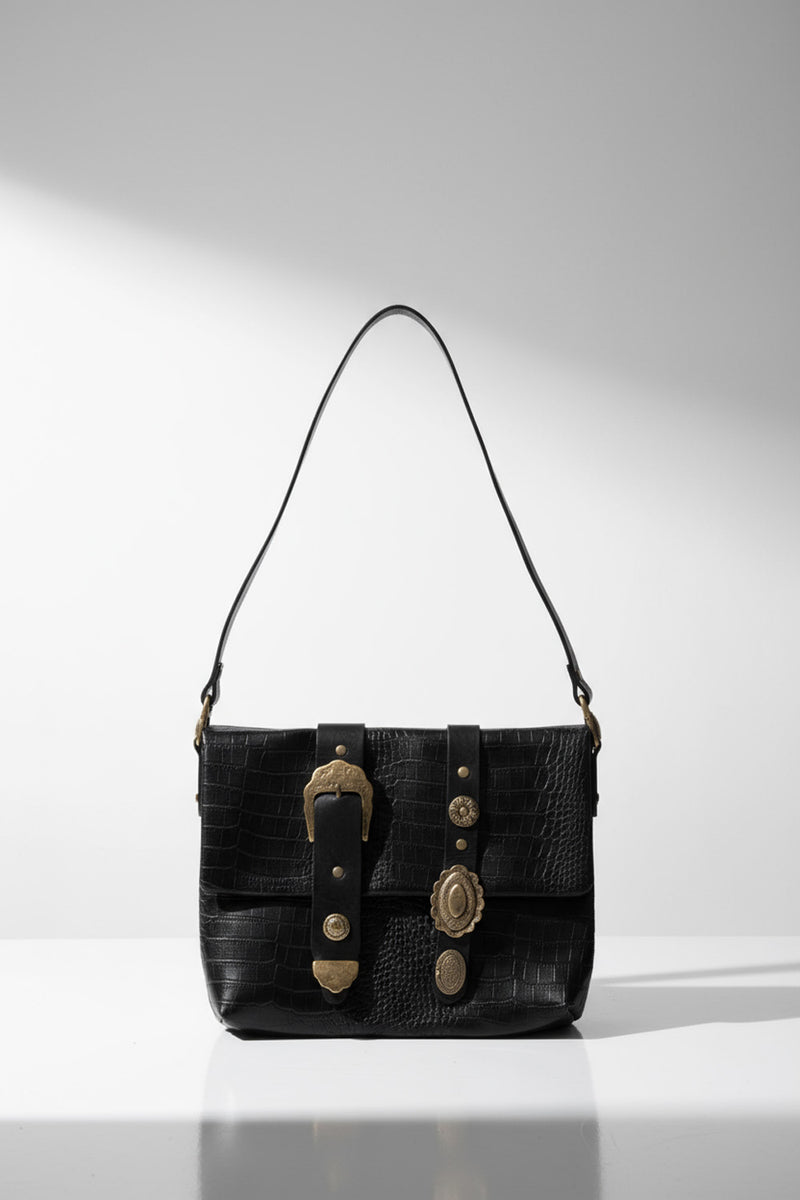 Χειροποίητη δερμάτινη τσάντα ώμου μαύρη croco με μεταλλική πόρπη Lavita – Ellisargi Boutique