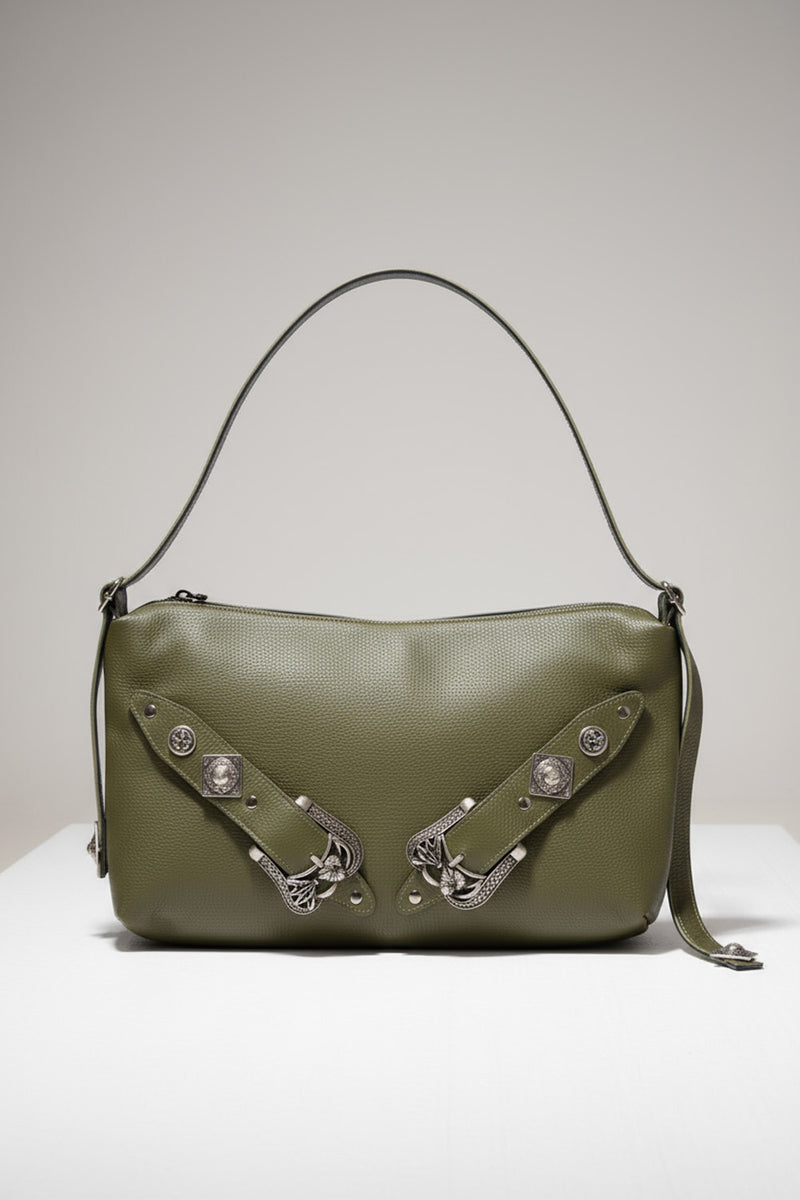 Χειροποίητη δερμάτινη τσάντα ώμου λαδί με μεταλλικές πόρπες Lavita – Ellisargi Boutique