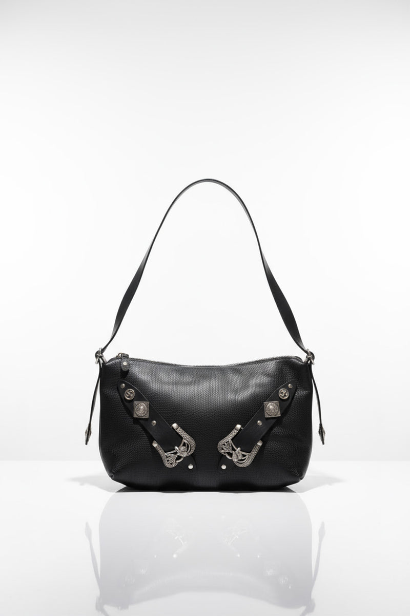 Χειροποίητη μαύρη δερμάτινη τσάντα ώμου με μεταλλικές πόρπες Lavita – Ellisargi Boutique