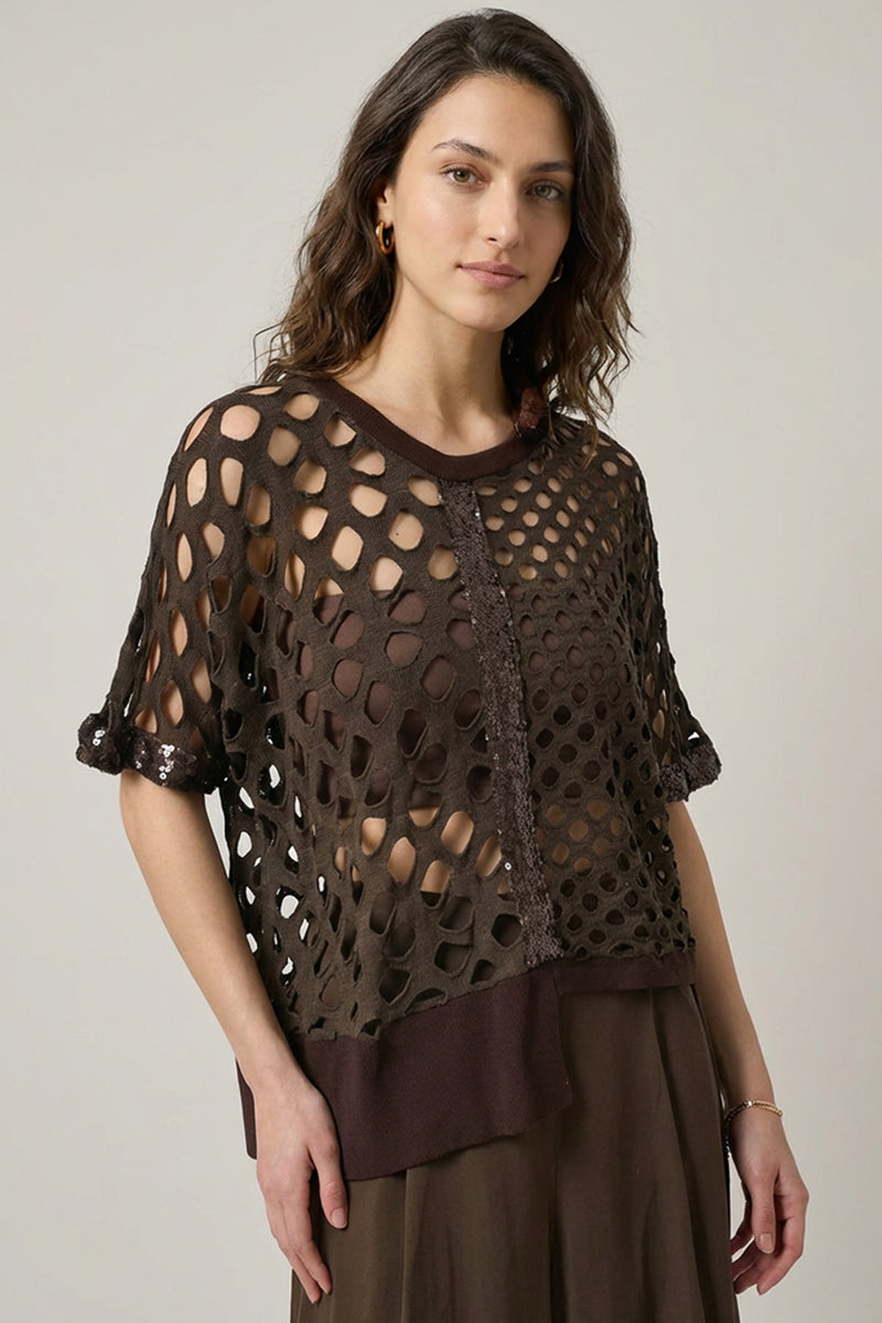 Καφέ διάτρητη μπλούζα με παγιέτες και κοντό μανίκι σε χαλαρή γραμμή