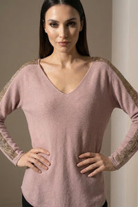 Dusty pink πλεκτή μπλούζα με V και διακριτική παγιέτα