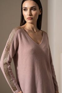 Dusty pink πλεκτή μπλούζα με V και διακριτική παγιέτα