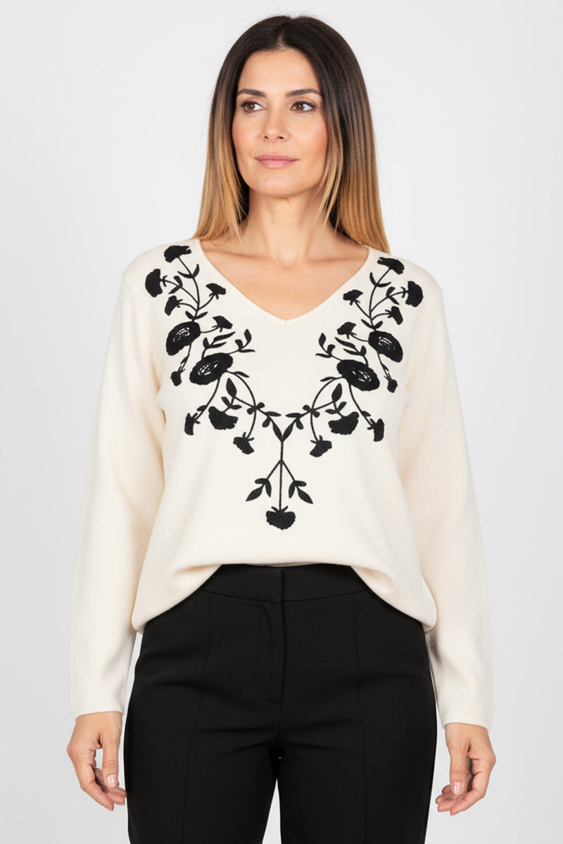 Εκρού μπλούζα με κεντητό floral σχέδιο και V λαιμόκοψη – Ellisargi Boutique