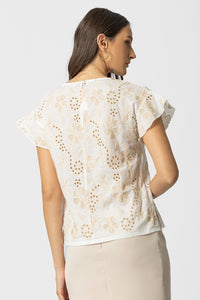 Εκρού γυναικεία μπλούζα με μπεζ floral κέντημα και κοντά μανίκια βολάν