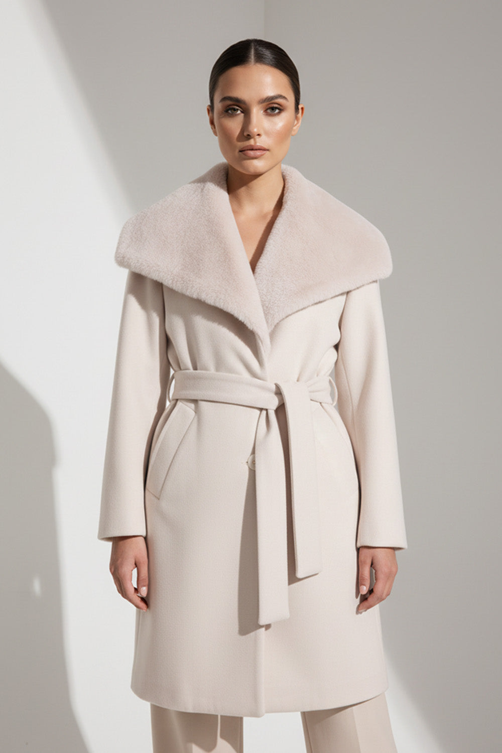 Εκρού Παλτό με Ζώνη και Faux Fur Γιακά