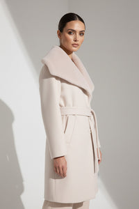 Εκρού Παλτό με Ζώνη και Faux Fur Γιακά