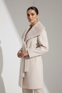 Εκρού Παλτό με Ζώνη και Faux Fur Γιακά