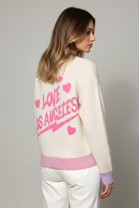 Εκρού πλεκτή ζακέτα Love Los Angeles με ροζ λεπτομέρειες και πολύχρωμες μανσέτες – Ellisargi Boutique