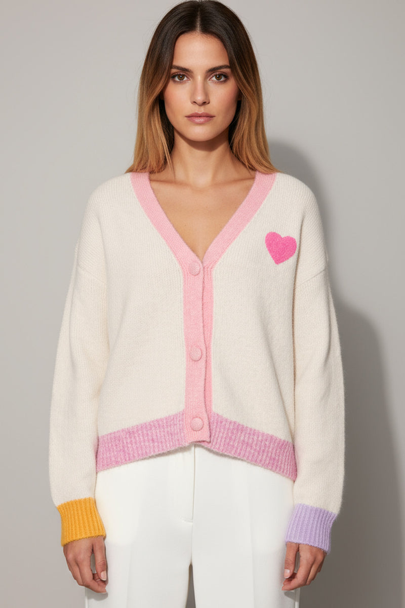 Εκρού πλεκτή ζακέτα Love Los Angeles με ροζ λεπτομέρειες και πολύχρωμες μανσέτες – Ellisargi Boutique