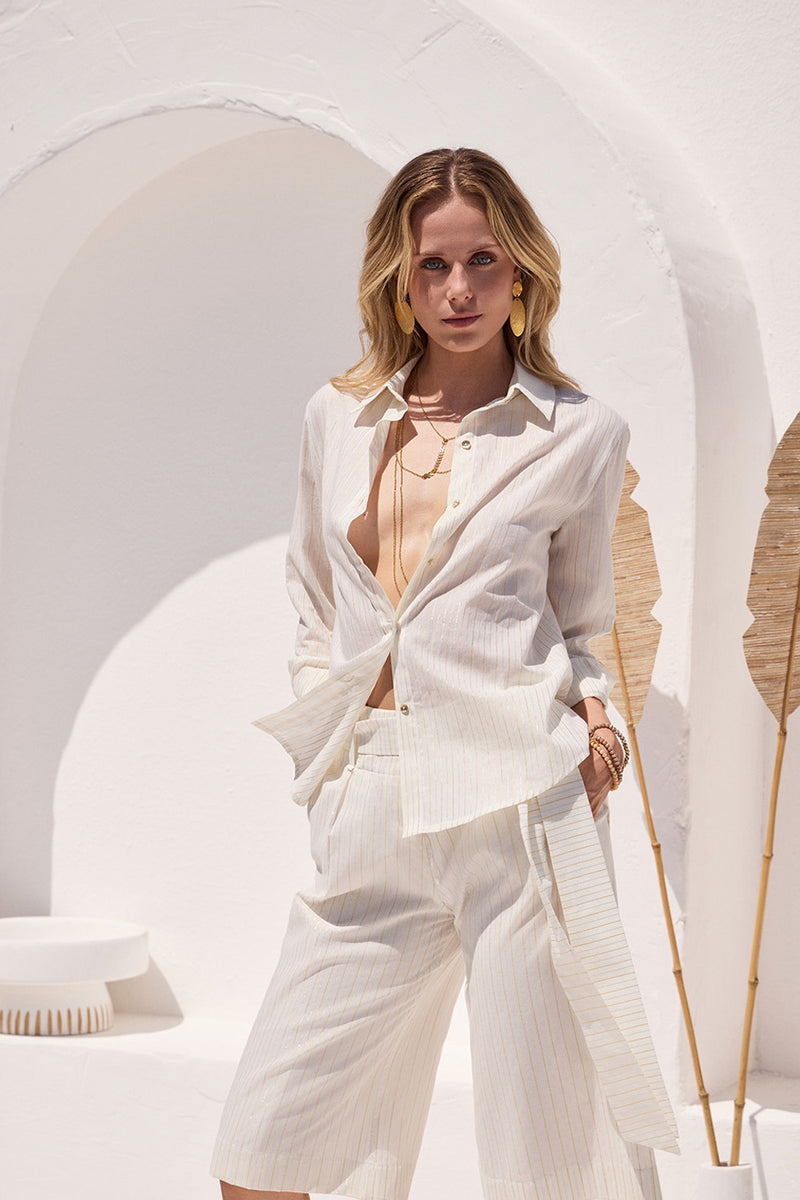 Γυναικείο εκρού ριγέ πουκάμισο με κουμπιά και χαλαρή γραμμή