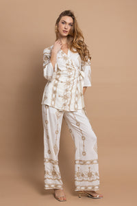 Εκρού Σετ με Χρυσά Κεντήματα – Μπλούζα Κρουαζέ & Παντελόνι