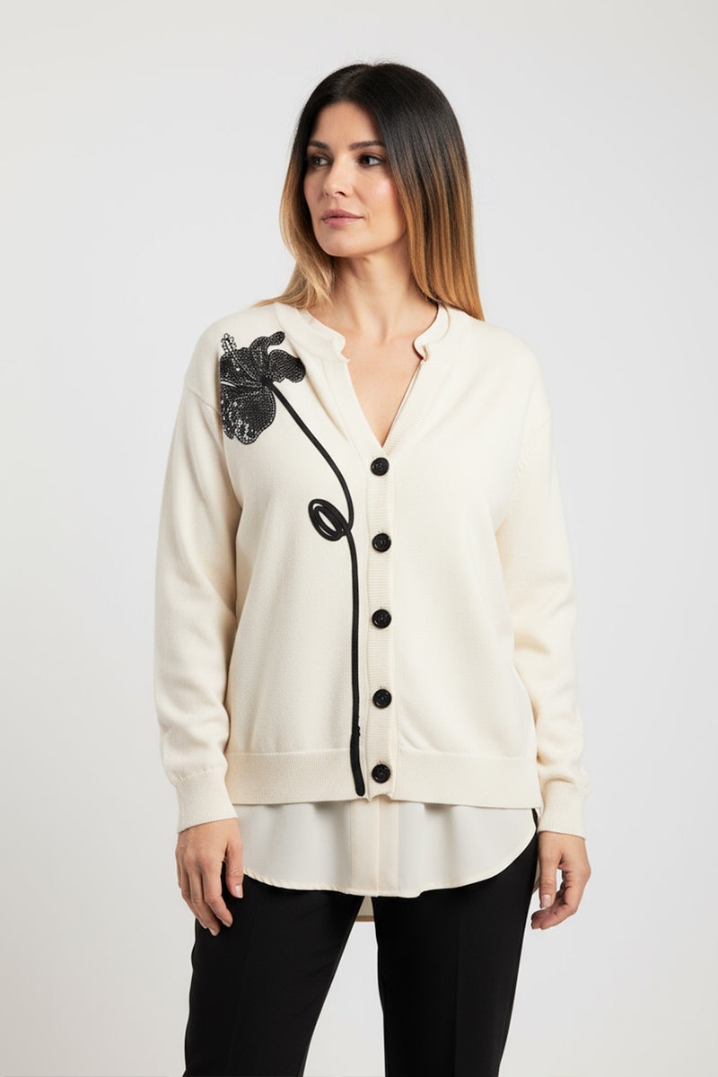 Εκρού ζακέτα με μαύρο λουλούδι και κουμπιά – Ellisargi Boutique