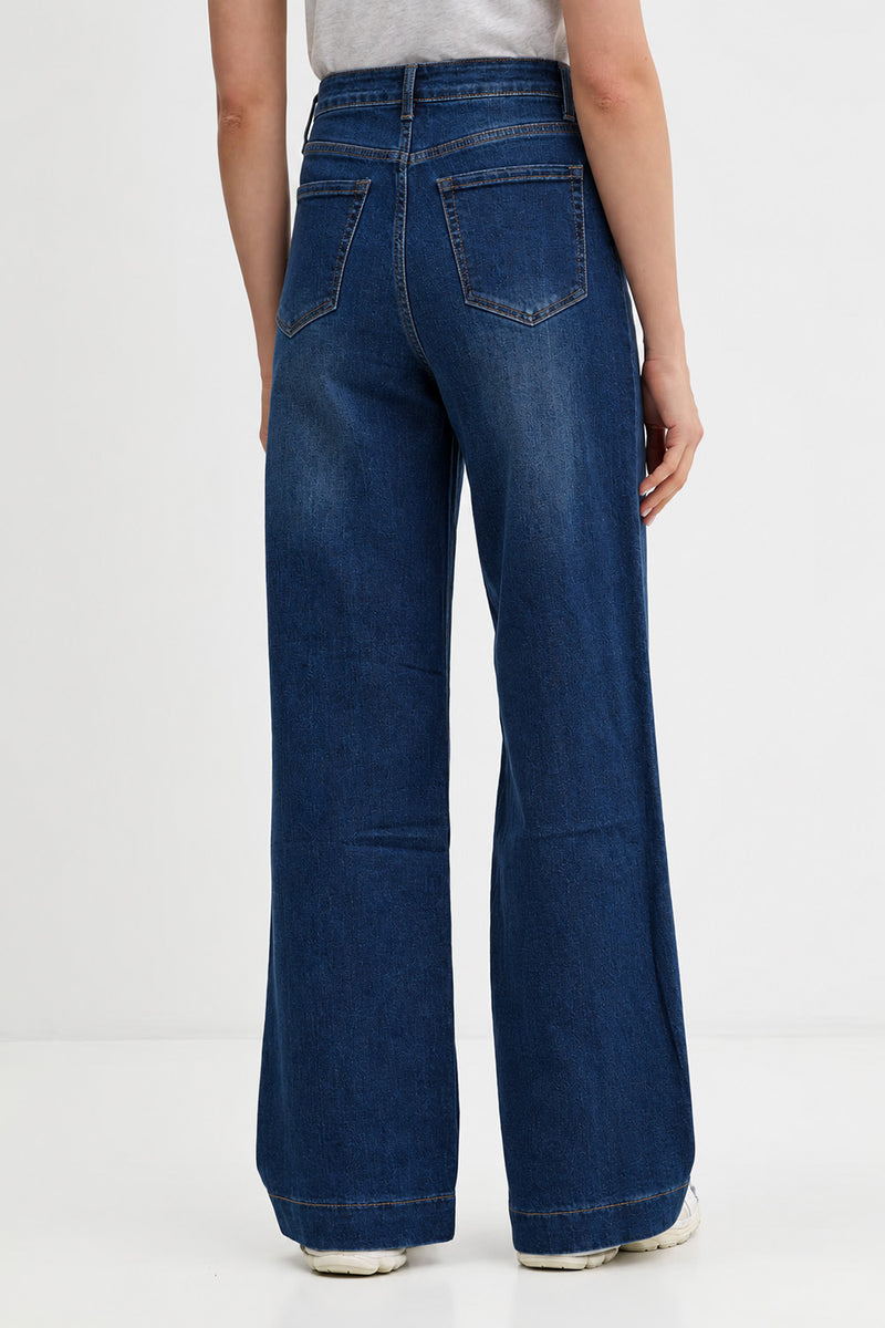 Ελαστικό γυναικείο μπλε τζιν wide leg με ψηλόμεση εφαρμογή και κάθετες ραφές