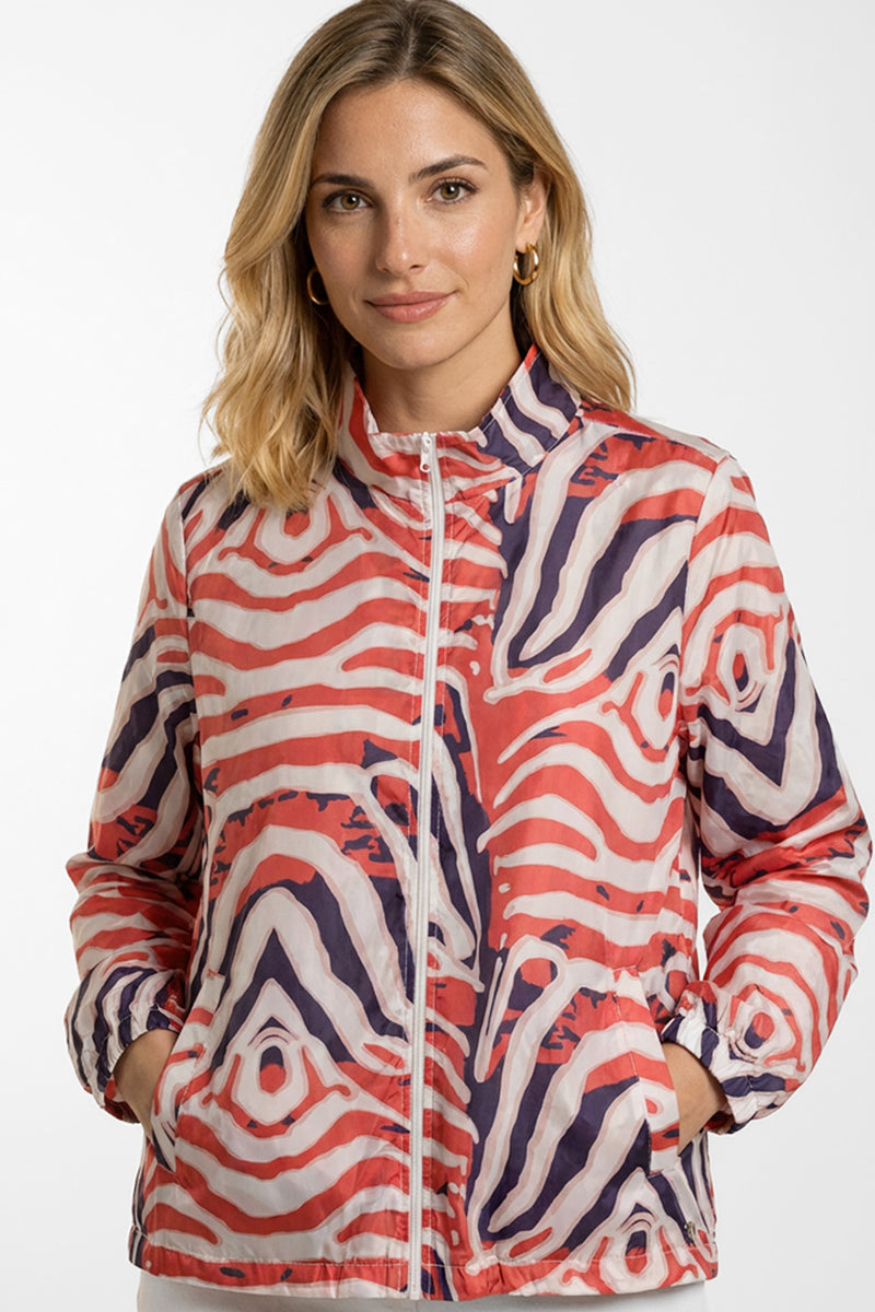 Γυναικείο εμπριμέ ελαφρύ jacket με φερμουάρ σε κεραμιδί εκρού και μωβ αποχρώσεις