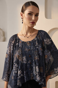 Εμπριμέ Μπλούζα με Κουμπιά & Αέρινη Γραμμή