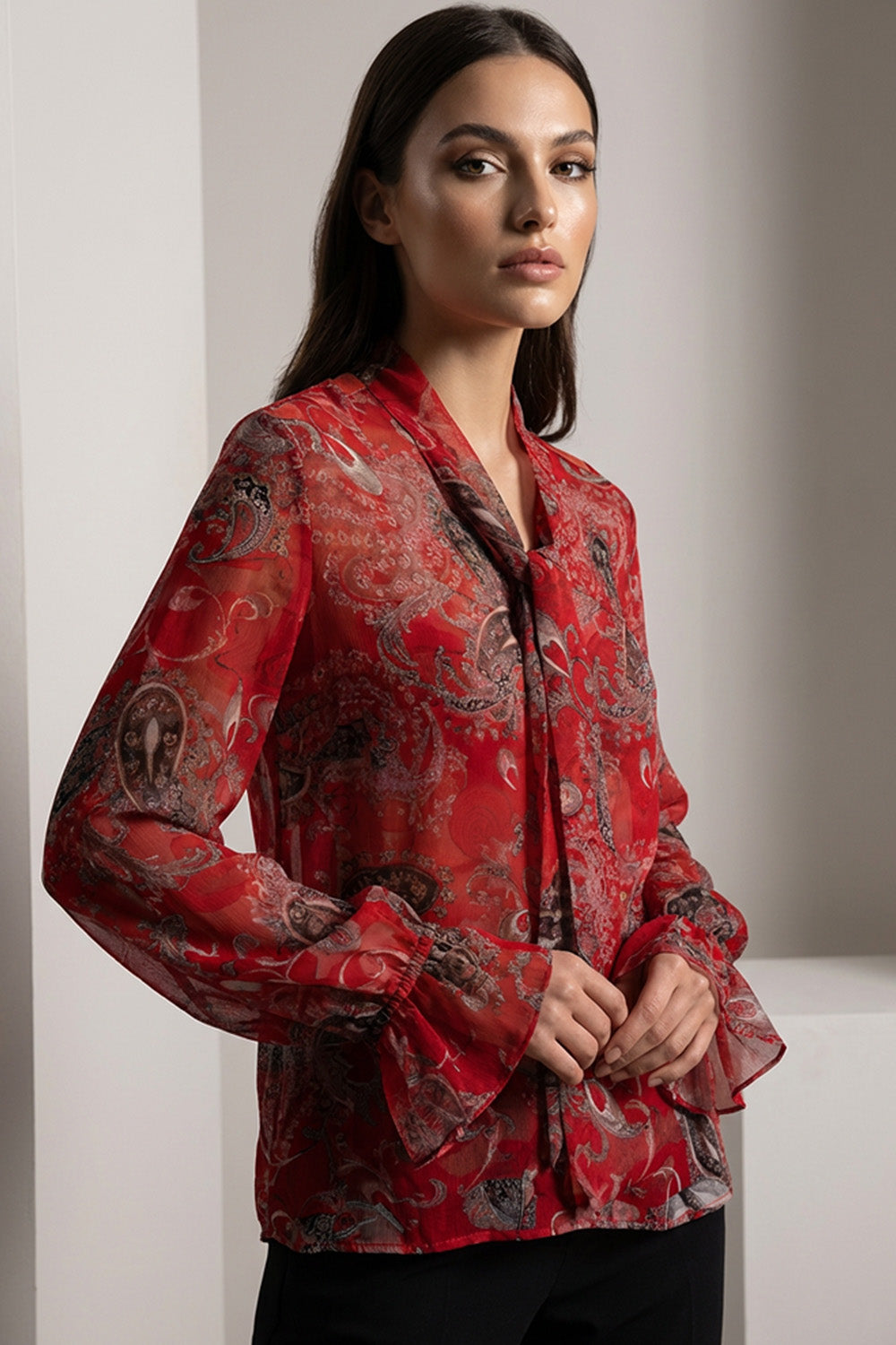Εμπριμέ Μπλούζα Paisley με Δέσιμο – Κόκκινη