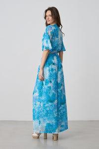 Εμπριμέ παντελόνα μουσελίνα με πιέτες σε γαλάζιο και τιρκουάζ φαρδιά γραμμή με λάστιχο στη μέση