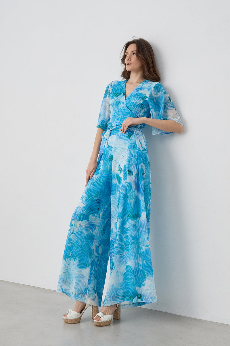 Εμπριμέ παντελόνα μουσελίνα με πιέτες σε γαλάζιο και τιρκουάζ φαρδιά γραμμή με λάστιχο στη μέση