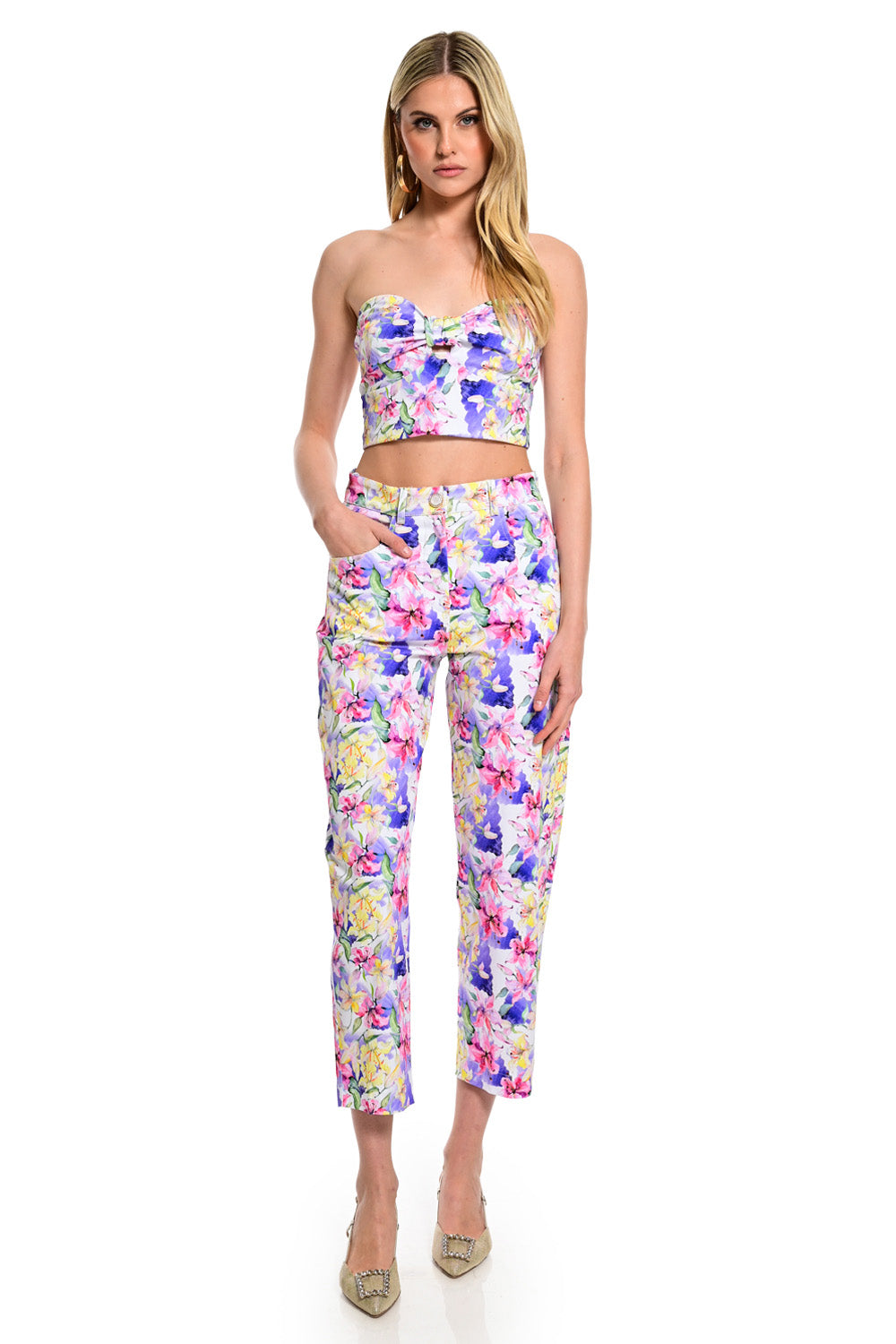 Εμπριμέ παντελόνι με floral τύπωμα πολύχρωμο σε ίσια γραμμή μέχρι τον αστράγαλο