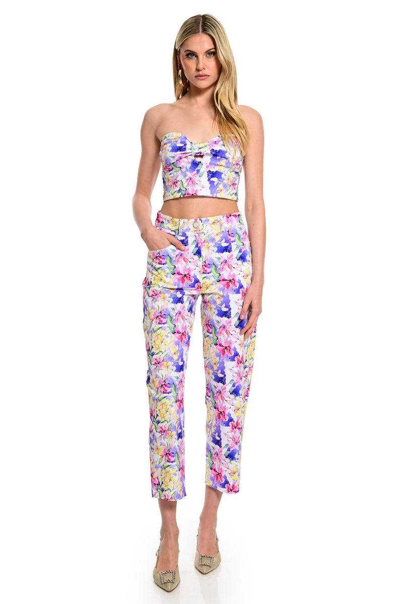 Εμπριμέ παντελόνι με floral τύπωμα πολύχρωμο σε ίσια γραμμή μέχρι τον αστράγαλο