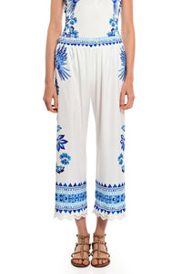 Εμπριμέ παντελόνι Mediterranean Print λευκό με μπλε μοτίβα και λάστιχο στη μέση γυναικείο crop παντελόνι