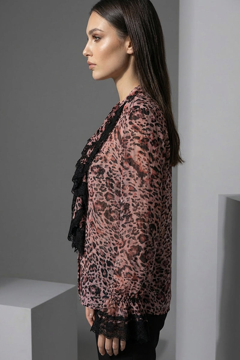 Εμπριμέ Πουκάμισο Animal Print με Δαντέλα – Ροζ / Μαύρο