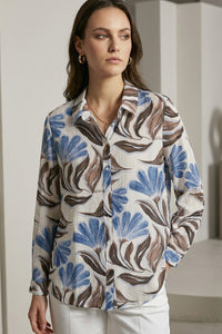 Γυναικείο εμπριμέ πουκάμισο με μπλε και καφέ floral σχέδιο και μακρύ μανίκι