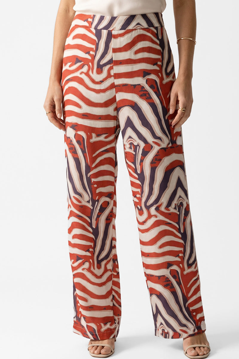 Γυναικείο εμπριμέ ψηλόμεσο παντελόνι σε ίσια γραμμή σε κεραμιδί εκρού και μωβ αποχρώσεις