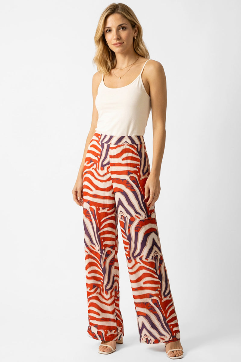 Γυναικείο εμπριμέ ψηλόμεσο παντελόνι σε ίσια γραμμή σε κεραμιδί εκρού και μωβ αποχρώσεις