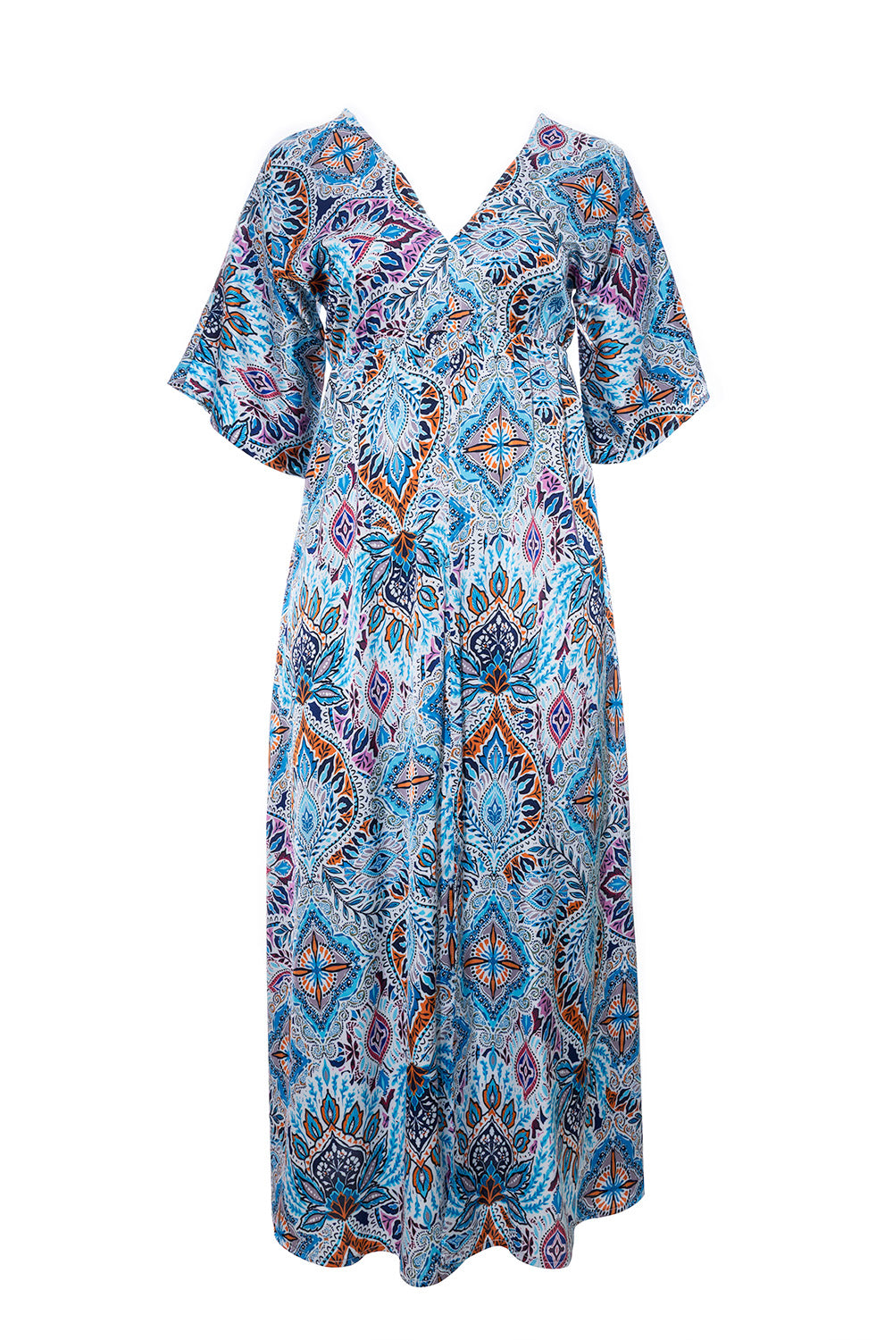 φόρεμα maxi μπλε πορτοκαλί με ethnic print και φαρδιά μανίκια