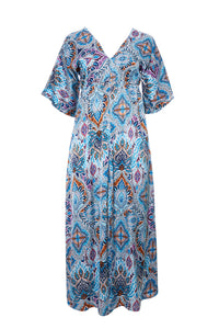 φόρεμα maxi μπλε πορτοκαλί με ethnic print και φαρδιά μανίκια