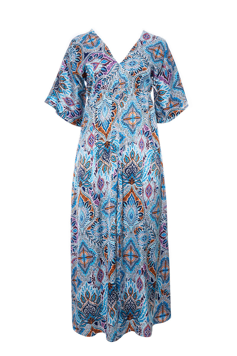 φόρεμα maxi μπλε πορτοκαλί με ethnic print και φαρδιά μανίκια