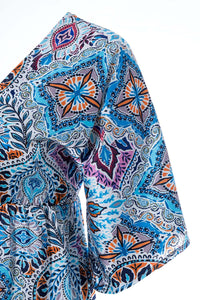 φόρεμα maxi μπλε πορτοκαλί με ethnic print και φαρδιά μανίκια