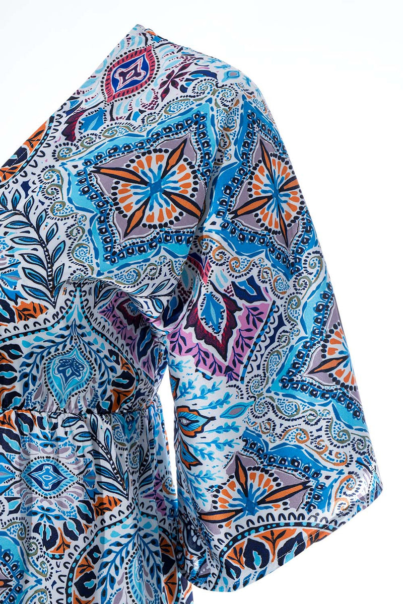 φόρεμα maxi μπλε πορτοκαλί με ethnic print και φαρδιά μανίκια