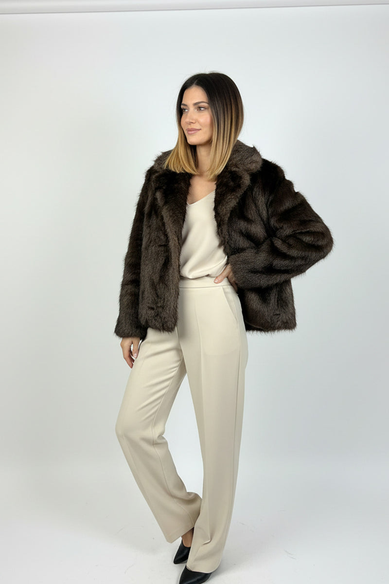 Γυναικείο κοντό καφέ faux fur παλτό με φόδρα και άνετη γραμμή