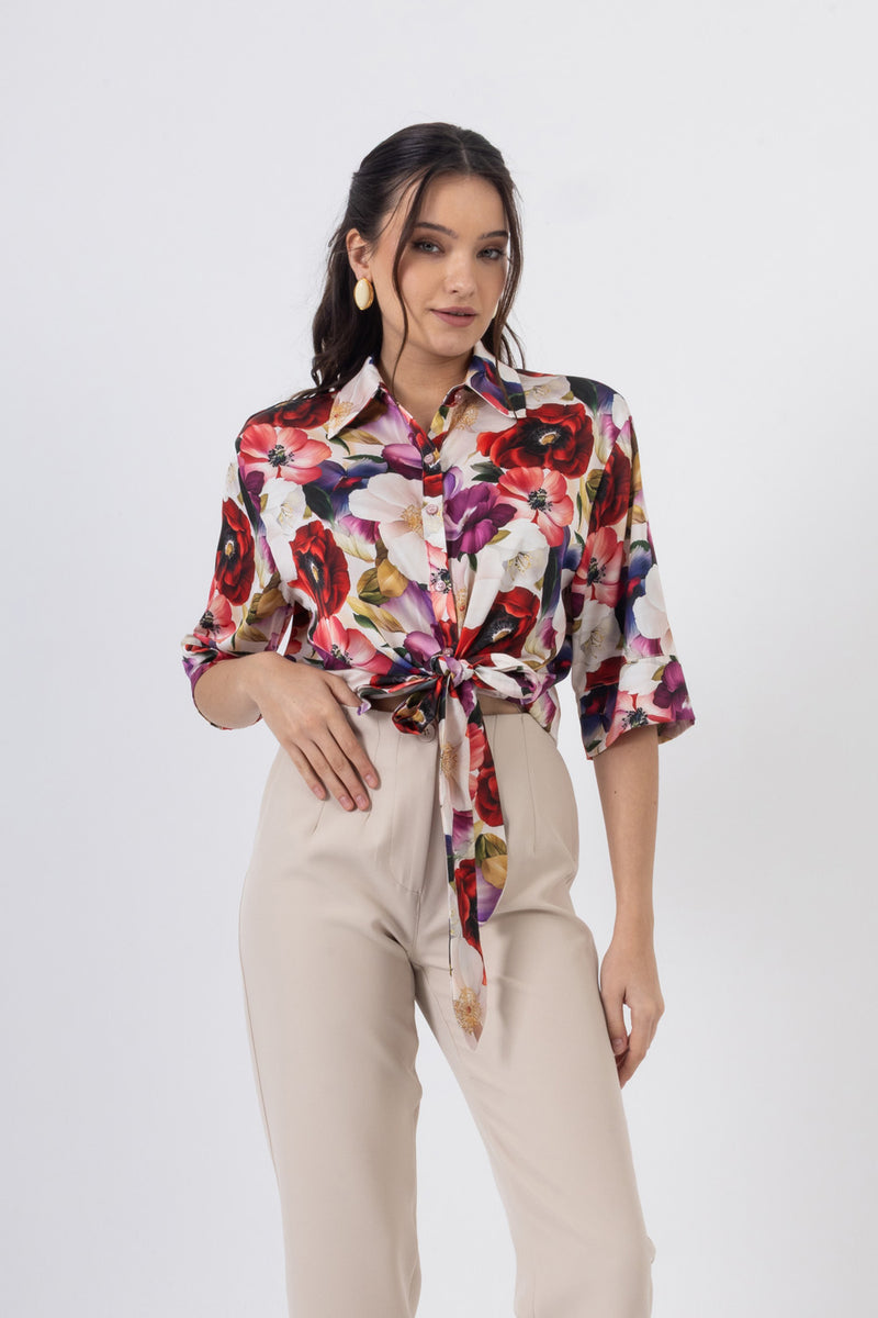 Floral πουκάμισο με δέσιμο στη μέση και γιακά