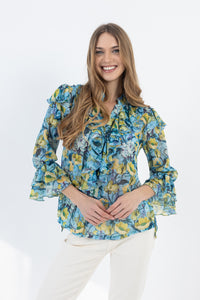 Γαλάζιο floral πουκάμισο με βολάν στο μπροστινό μέρος και στα μανίκια και δέσιμο στο λαιμό
