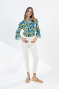 Γαλάζιο floral πουκάμισο με βολάν στο μπροστινό μέρος και στα μανίκια και δέσιμο στο λαιμό