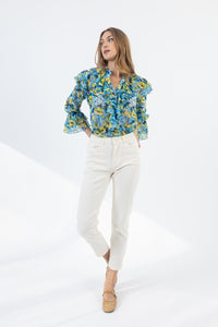 Γαλάζιο floral πουκάμισο με βολάν στο μπροστινό μέρος και στα μανίκια και δέσιμο στο λαιμό