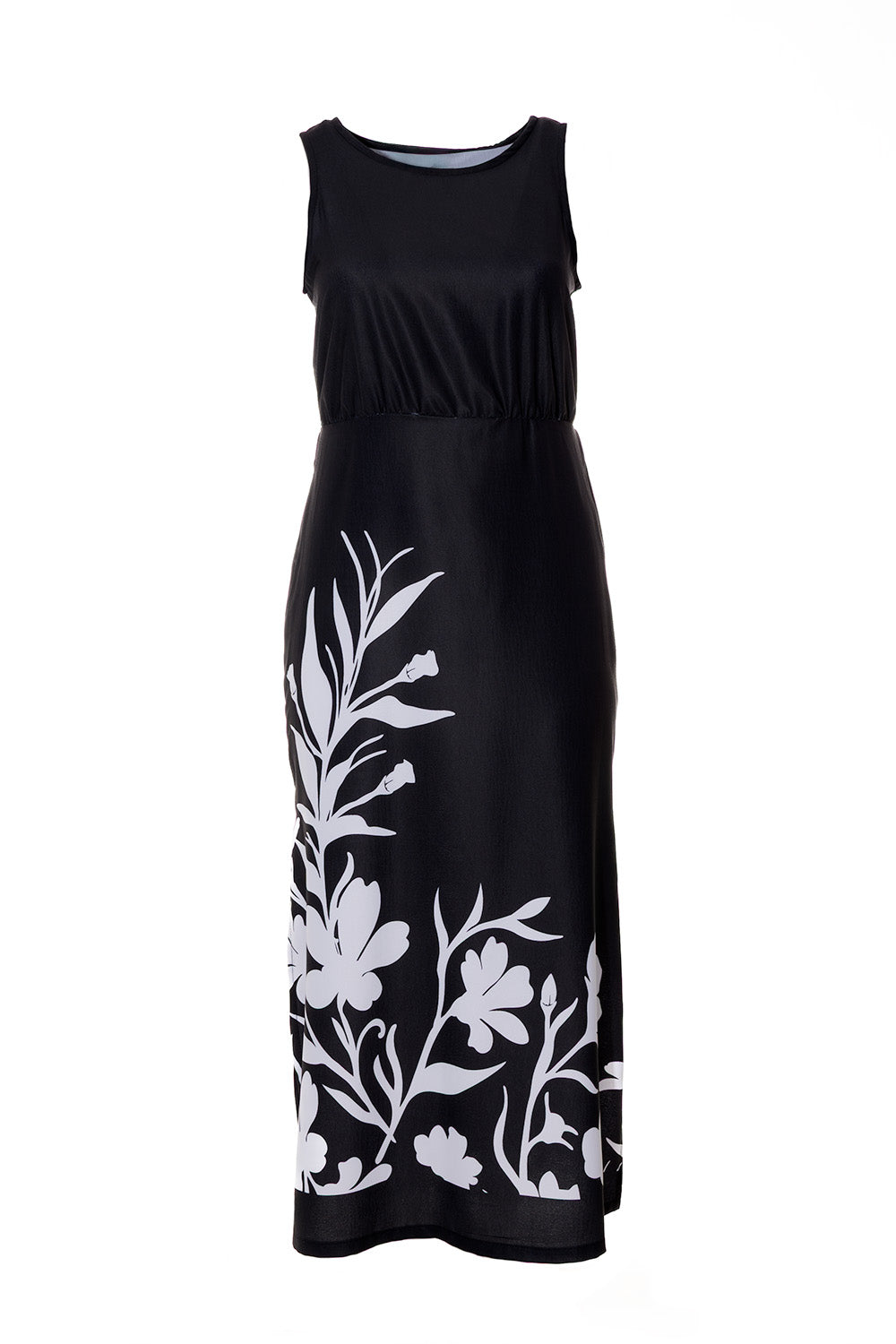 Μαύρο φόρεμα με λευκό floral print και ζώνη