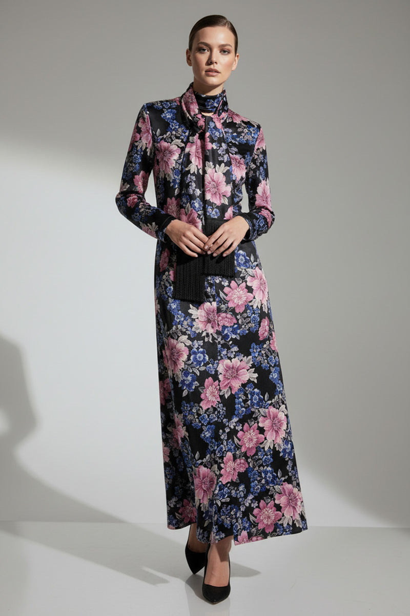 Makry saten floral forema me apospasmeno foulari se roz kai mple tones