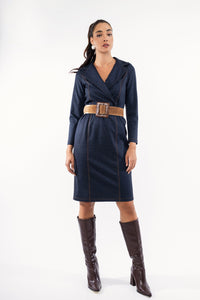 Φόρεμα Μίντι Μπλε με Γιακά & Ραφές