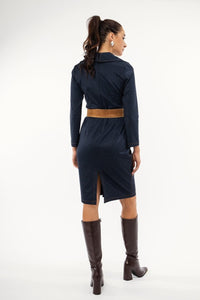 Φόρεμα Μίντι Μπλε με Γιακά & Ραφές