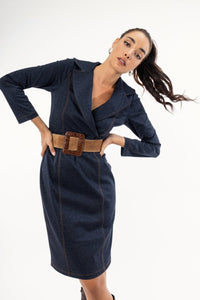 Φόρεμα Μίντι Μπλε με Γιακά & Ραφές