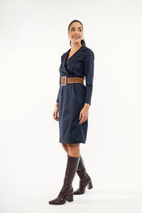 Φόρεμα Μίντι Μπλε με Γιακά & Ραφές