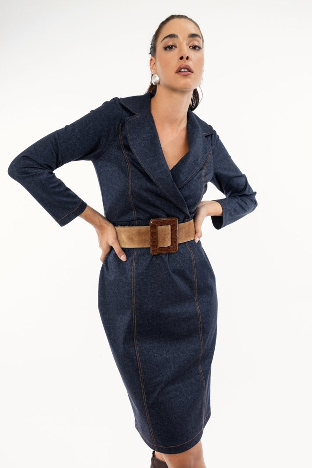 Φόρεμα Μίντι Μπλε με Γιακά & Ραφές