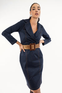 Φόρεμα Μίντι Μπλε με Γιακά & Ραφές