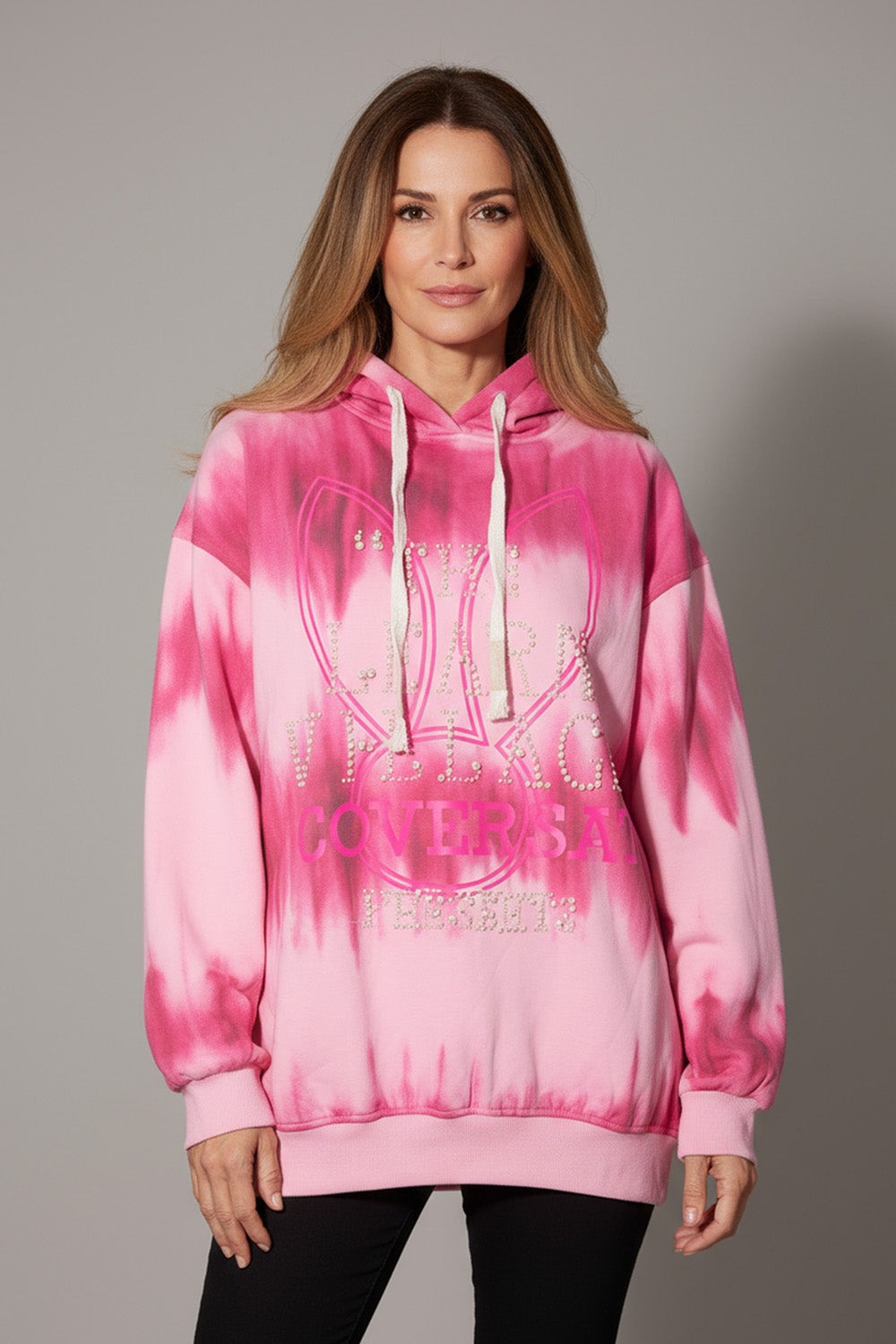 Ροζ φούτερ tie-dye με κουκούλα και strass